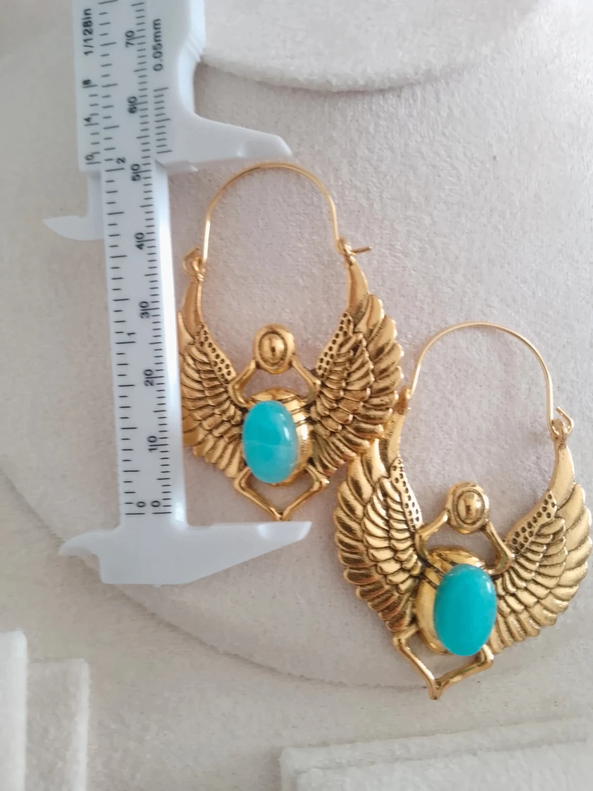 Boucles d'oreilles bohèmes dorées scarabées égyptiens pierres d'amazonite bleues – photo 2